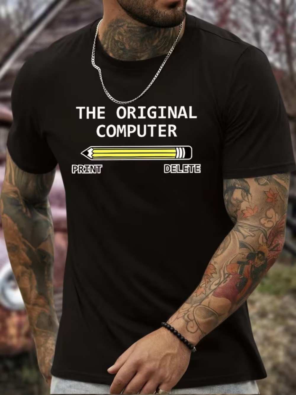 Sz L Black Short Sleeve Tee Shirt "The Original Computer" Pencil with Eraser